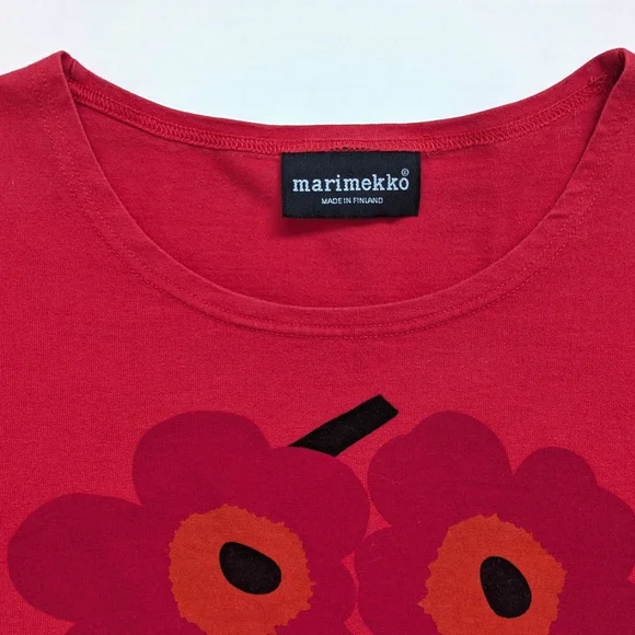 Vintage Marimekko Graphic Floral Red Long Sleeve Tee - Picture 4 of 11